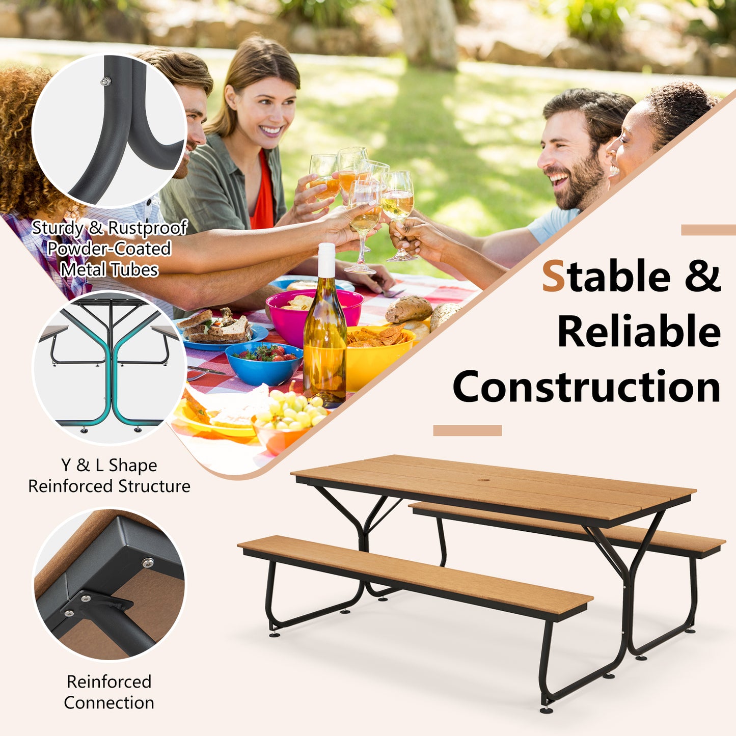 6 Feet Outdoor Picnic Table Bench Set for 6-8 People-Brown Kids Crystal