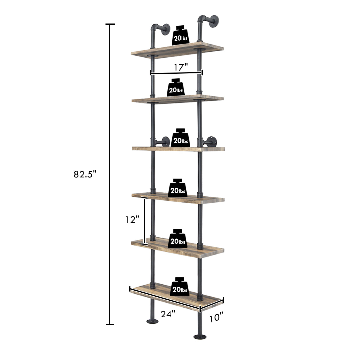 6-Tier Industrial Wall Mounted Pipe Shelves Kids Crystal