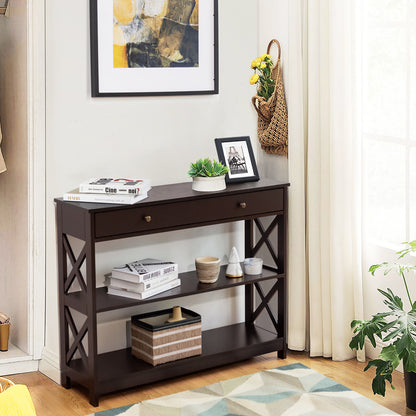Console Table 3-Tier with Drawer and Storage Shelves-Dark Brown