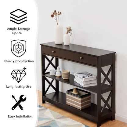 Console Table 3-Tier with Drawer and Storage Shelves-Dark Brown