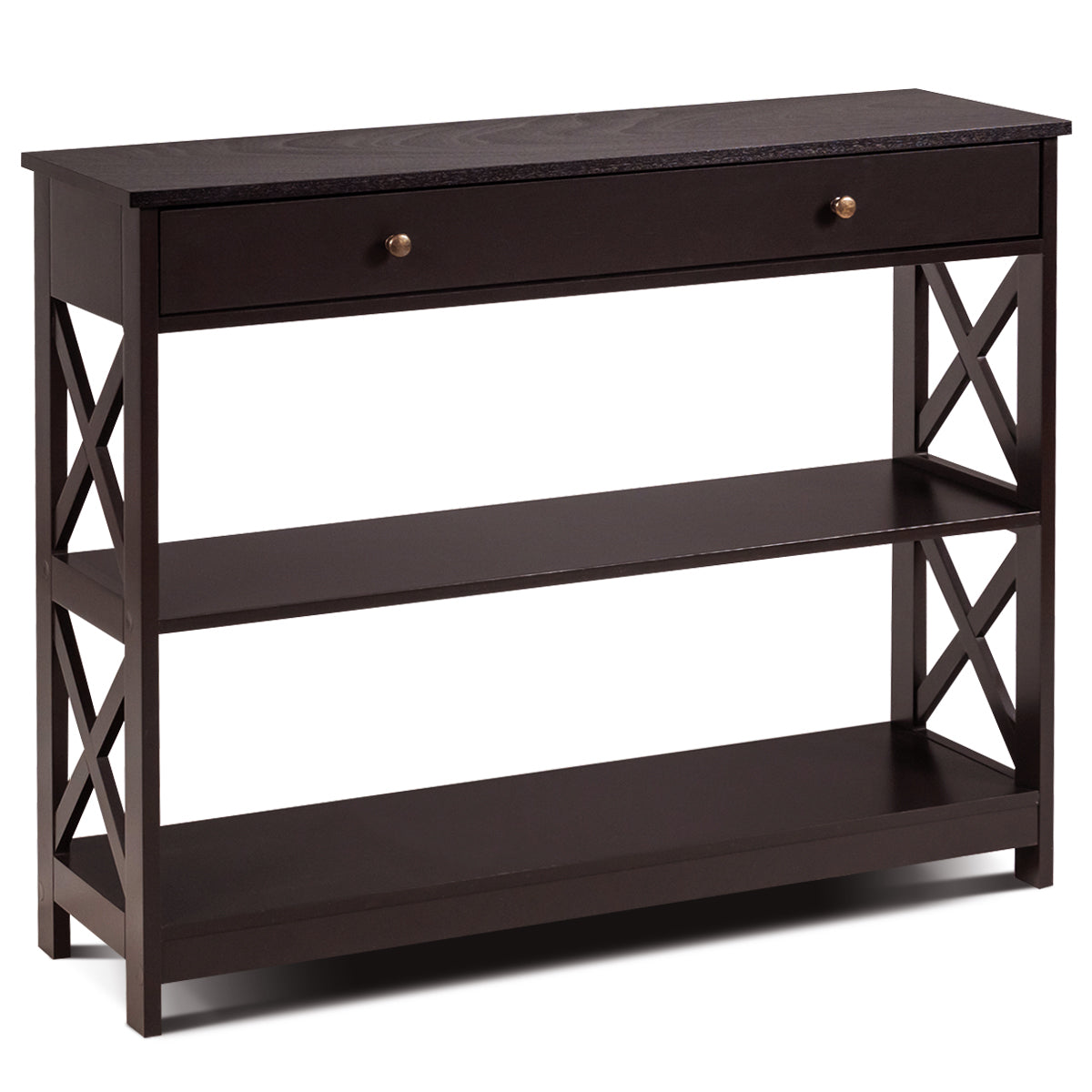 Console Table 3-Tier with Drawer and Storage Shelves-Dark Brown Kids Crystal