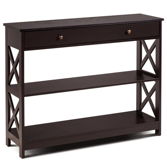 Console Table 3-Tier with Drawer and Storage Shelves-Dark Brown Kids Crystal