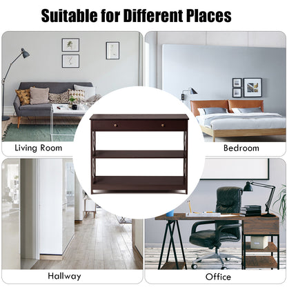 Console Table 3-Tier with Drawer and Storage Shelves-Dark Brown