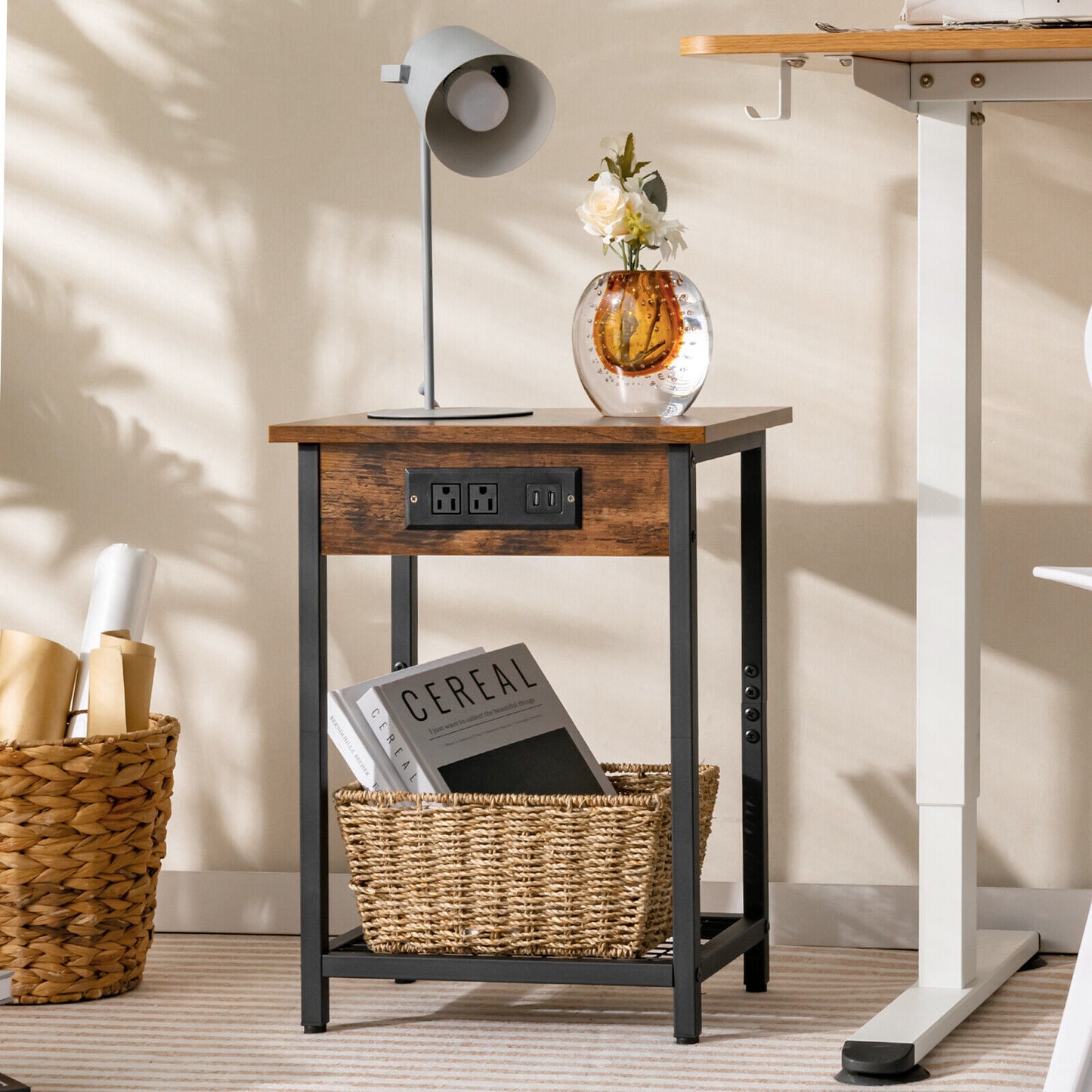 2 Pieces Bedside Nightstand Set with Open Shelf and Charging Station-Rustic Brown Kids Crystal