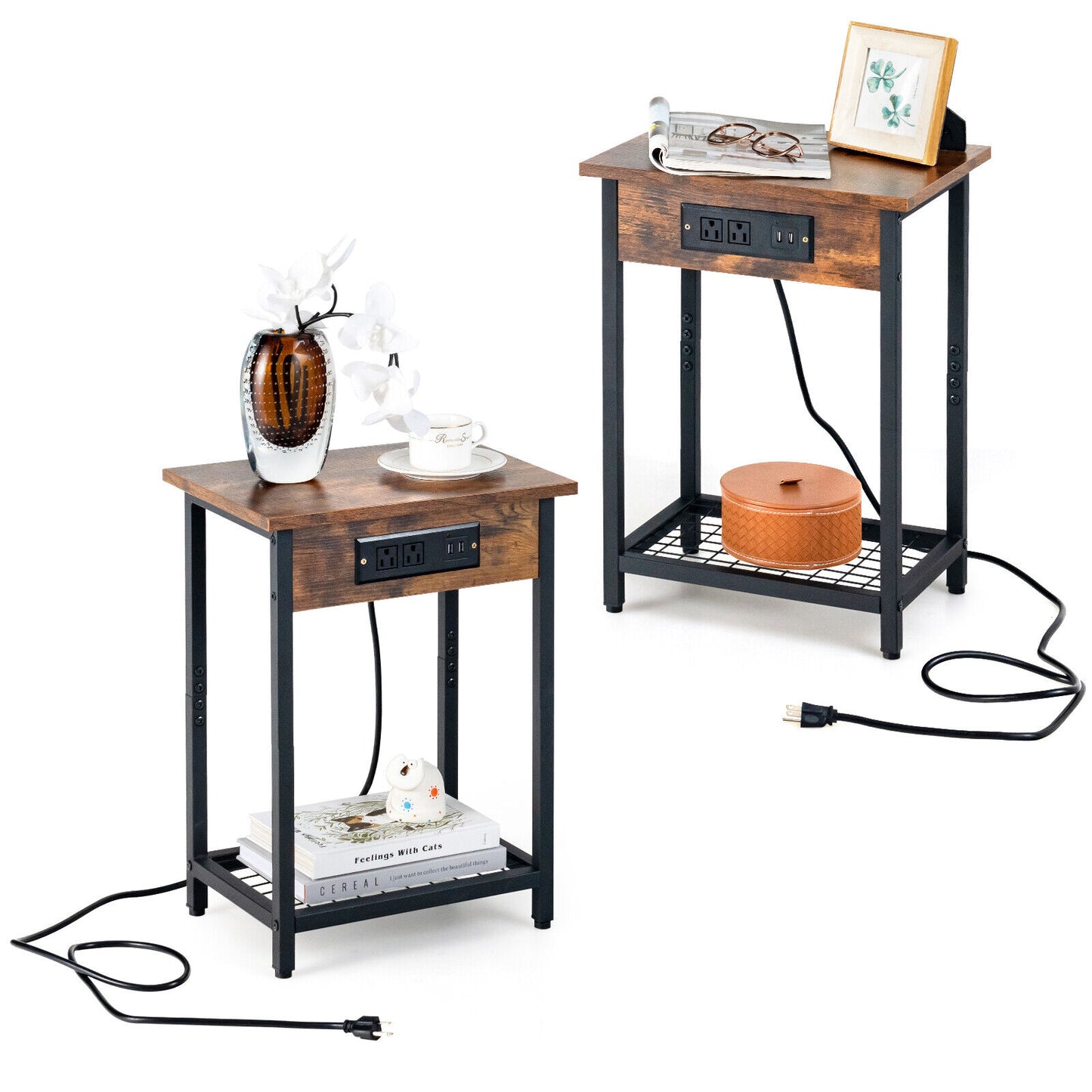 2 Pieces Bedside Nightstand Set with Open Shelf and Charging Station-Rustic Brown Kids Crystal