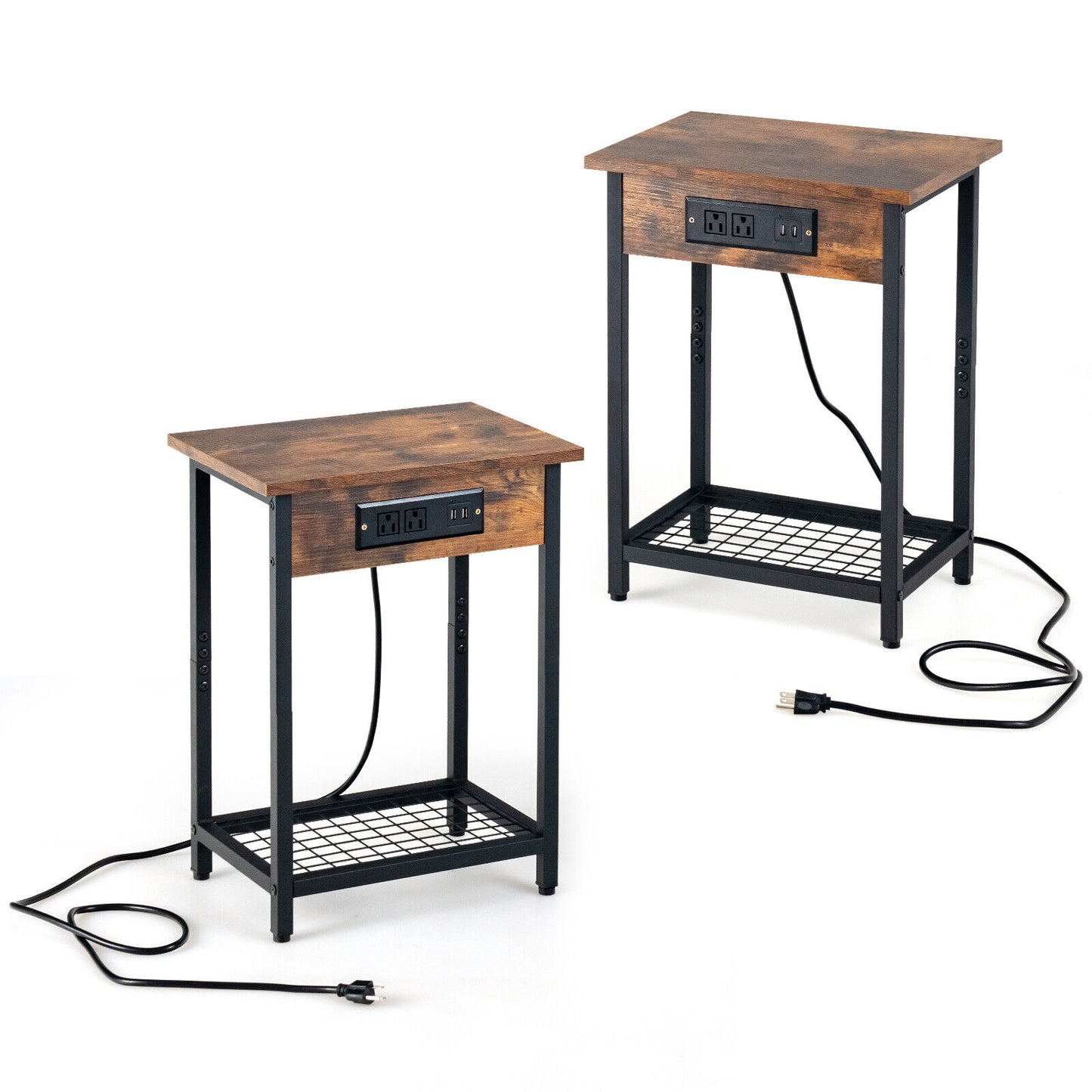 2 Pieces Bedside Nightstand Set with Open Shelf and Charging Station-Rustic Brown Kids Crystal