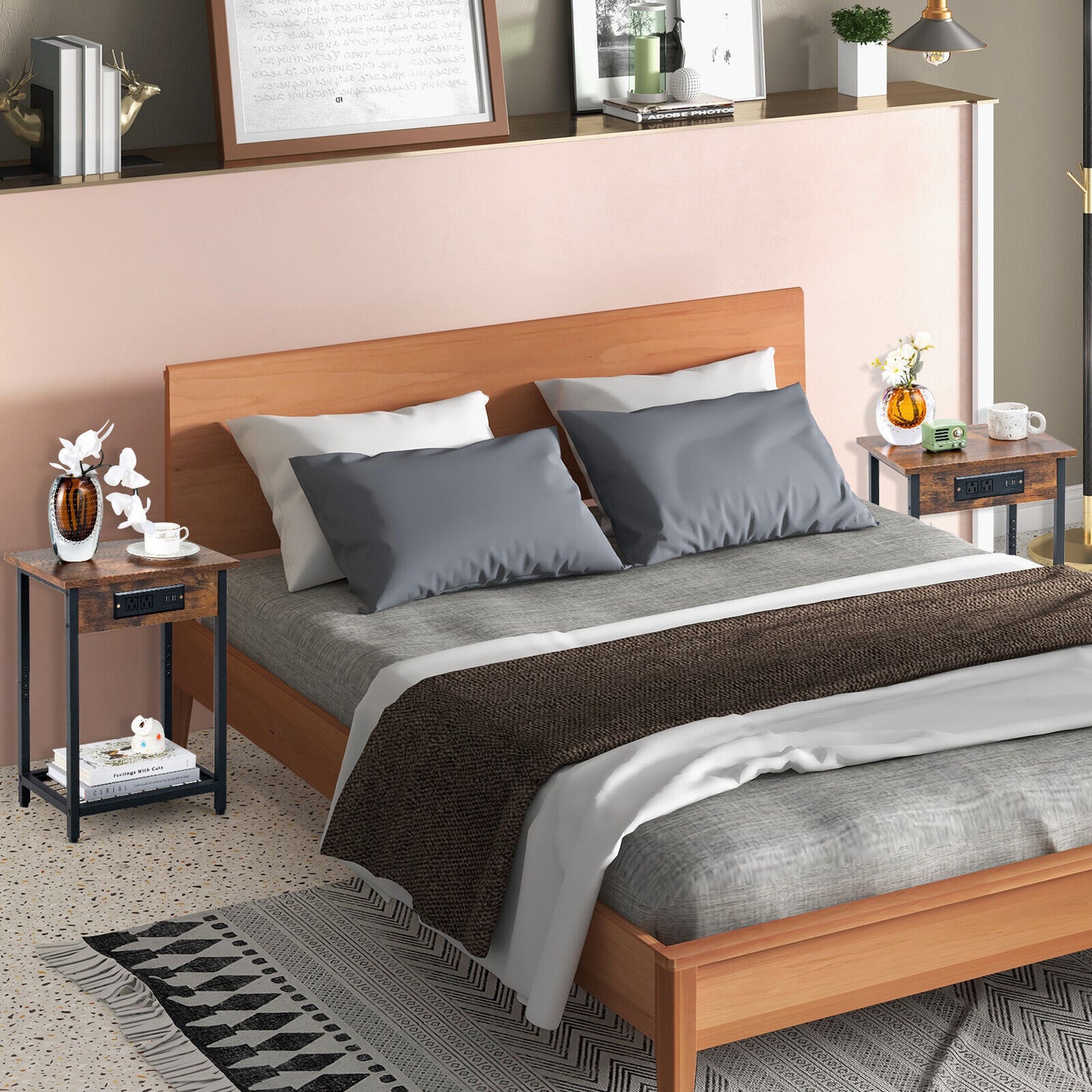 2 Pieces Bedside Nightstand Set with Open Shelf and Charging Station-Rustic Brown Kids Crystal