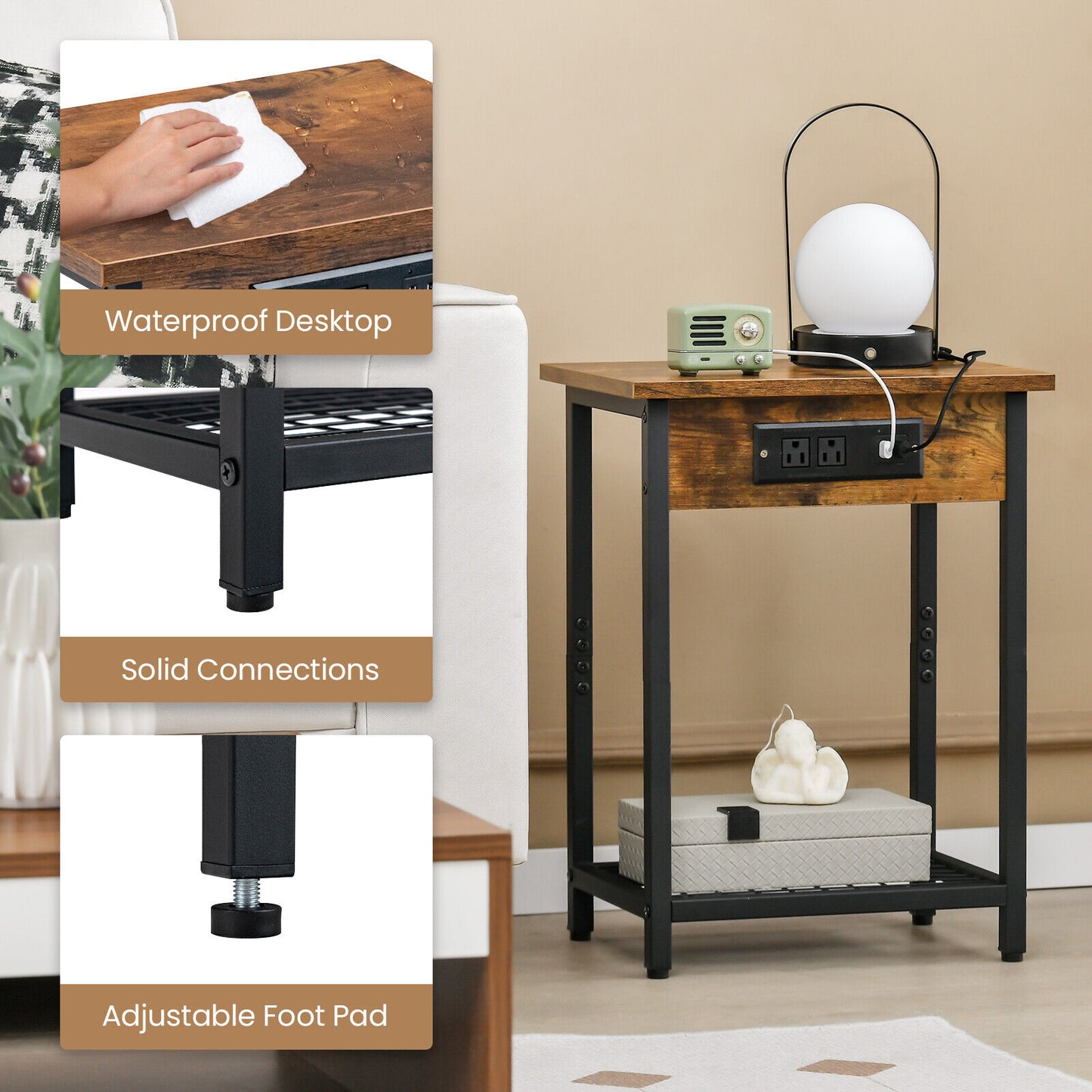 2 Pieces Bedside Nightstand Set with Open Shelf and Charging Station-Rustic Brown Kids Crystal