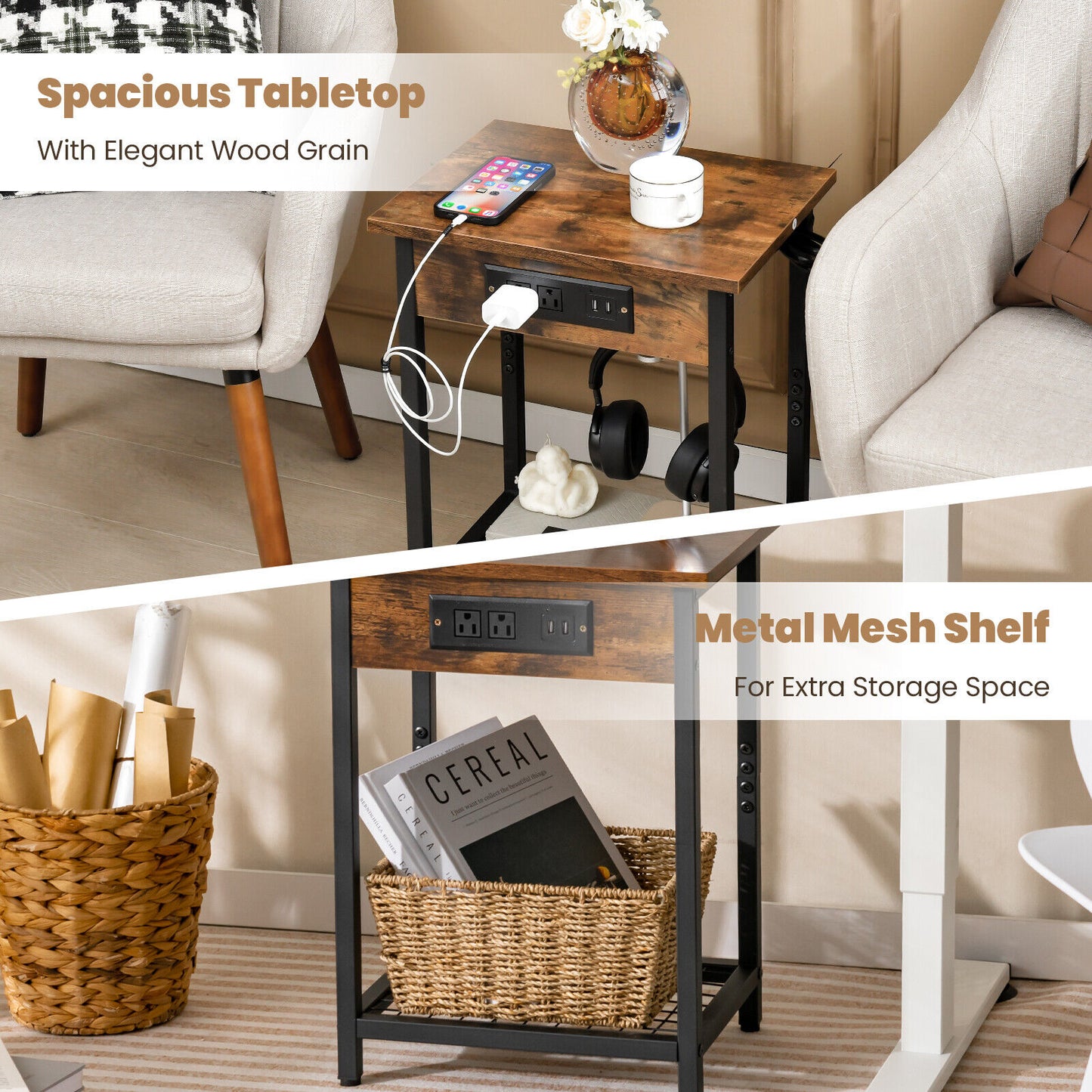 2 Pieces Bedside Nightstand Set with Open Shelf and Charging Station-Rustic Brown Kids Crystal