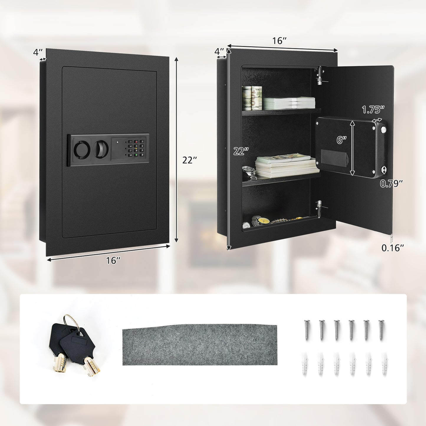 Digital Flat Recessed Wall Safe Security Lock Gun Cash Box-Black Kids Crystal