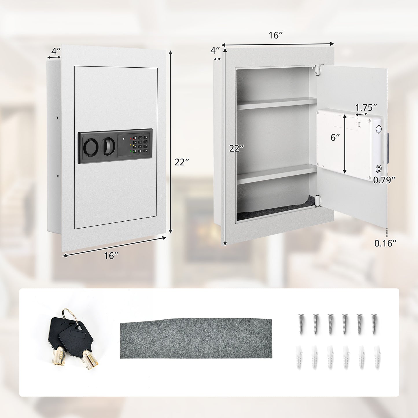 Digital Flat Recessed Wall Safe Security Lock Gun Cash Box-White Kids Crystal