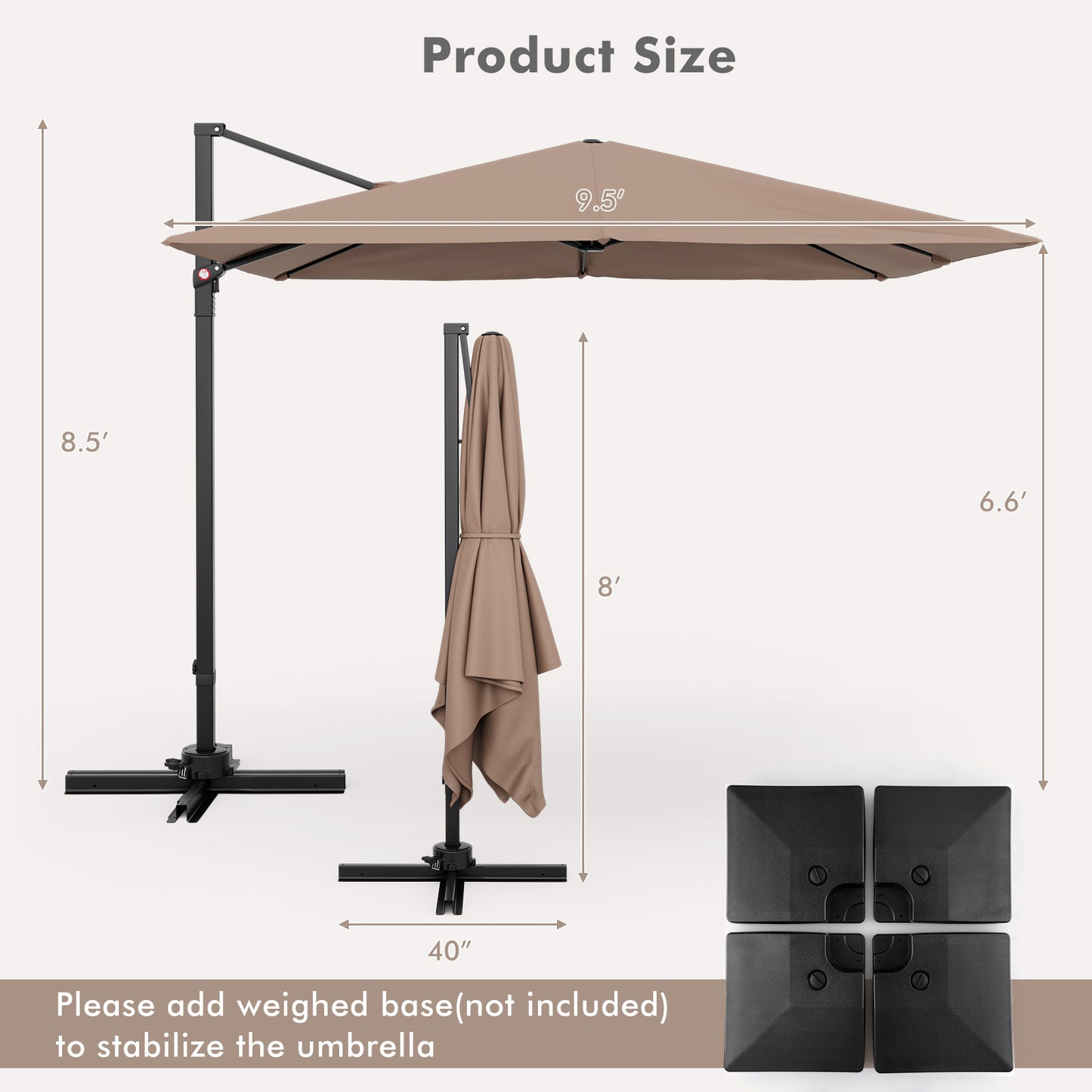 9.5 Feet Square Patio Cantilever Umbrella with 360° Rotation-Coffee Kids Crystal
