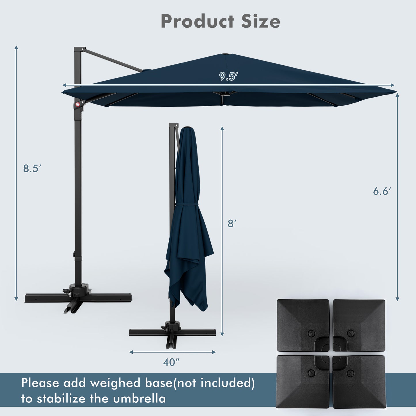 9.5 Feet Square Patio Cantilever Umbrella with 360° Rotation-Navy Kids Crystal