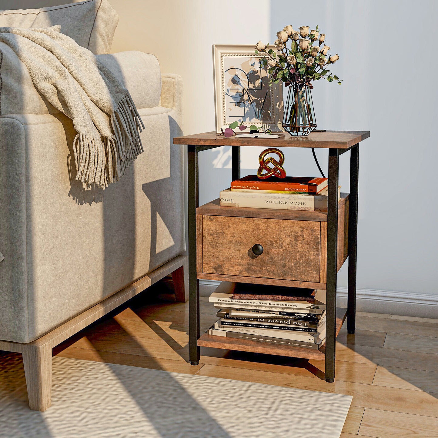 1/2 Pieces 3-Tier Nightstand with Charging Station and Drawer-Set of 2 Kids Crystal