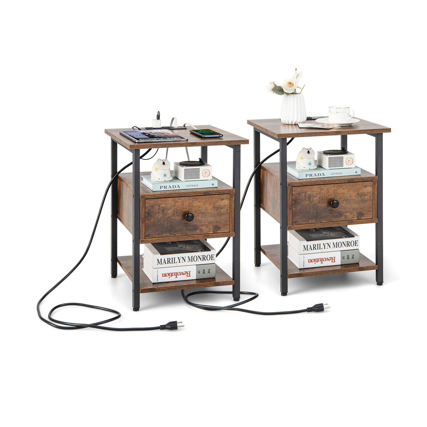 1/2 Pieces 3-Tier Nightstand with Charging Station and Drawer-Set of 2 Kids Crystal