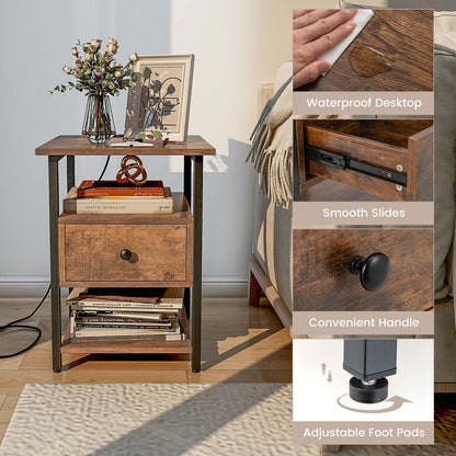 1/2 Pieces 3-Tier Nightstand with Charging Station and Drawer-Set of 2