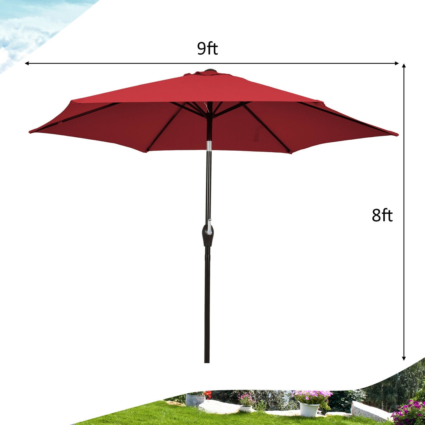 9FT Patio Umbrella Patio Market Steel Tilt W/ Crank Outdoor Yard Garden-Burgundy Kids Crystal