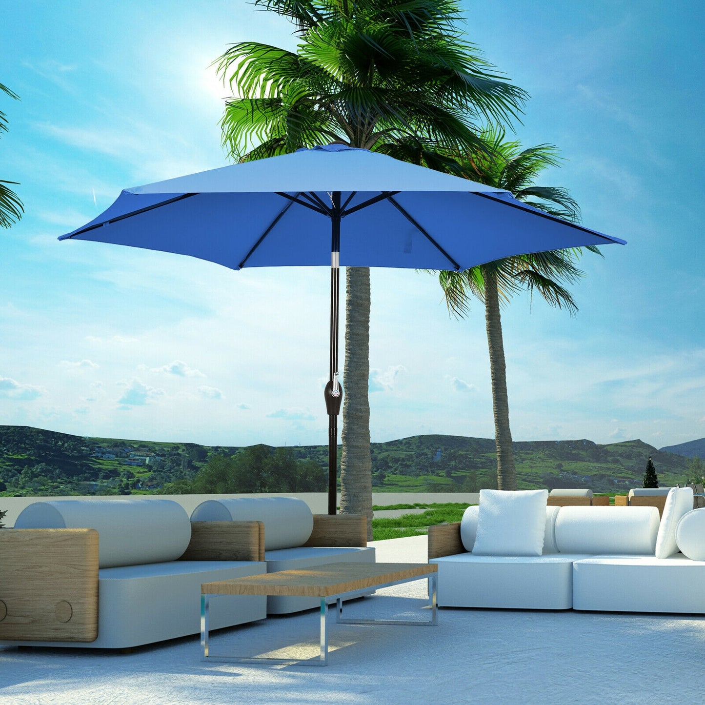 9ft Patio Market Table Umbrella with Push Button Tilt and Crank-Blue Kids Crystal