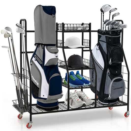 Double Golf Bag Rack with Removable Golf Club Stand and Wheels-Black Kids Crystal