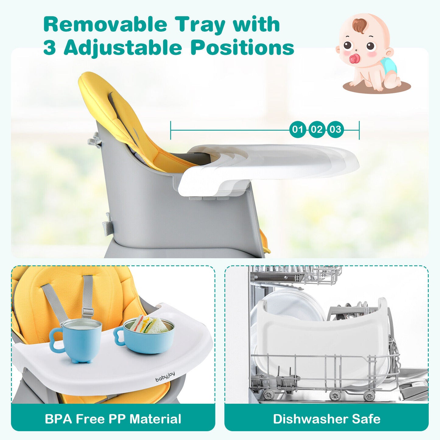 6-in-1 Convertible Baby High Chair with Adjustable Removable Tray-Yellow Kids Crystal