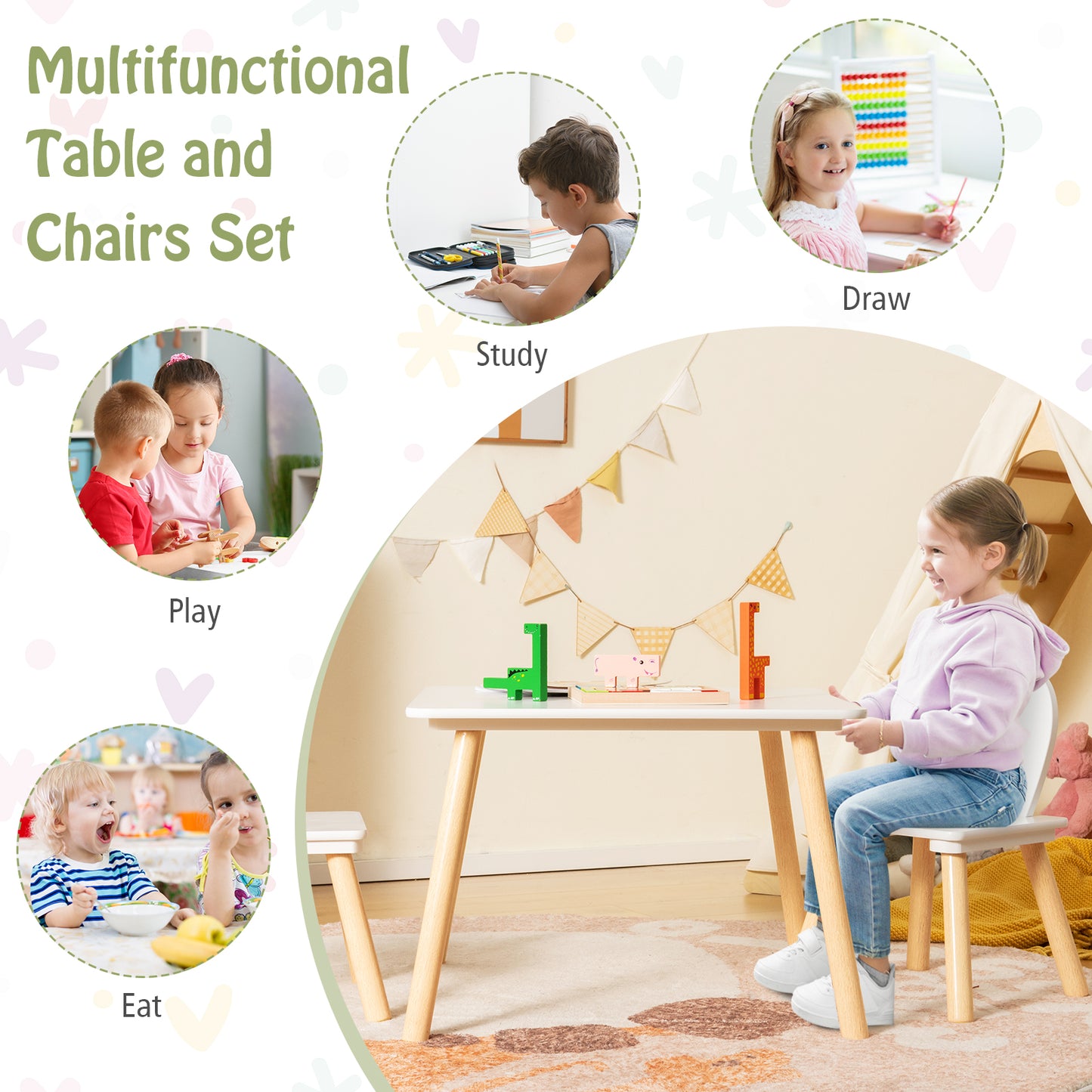 3 Pieces Kids Table and Chairs Set for Arts Crafts Snack Time-White Kids Crystal