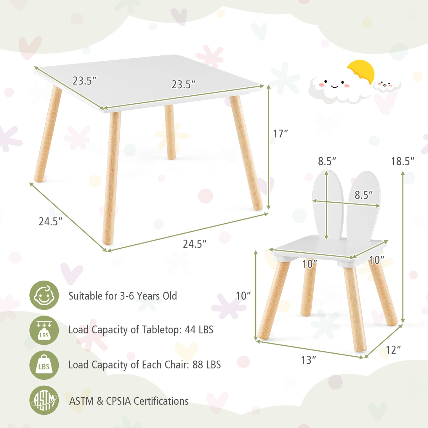 3 Pieces Kids Table and Chairs Set for Arts Crafts Snack Time-White Kids Crystal