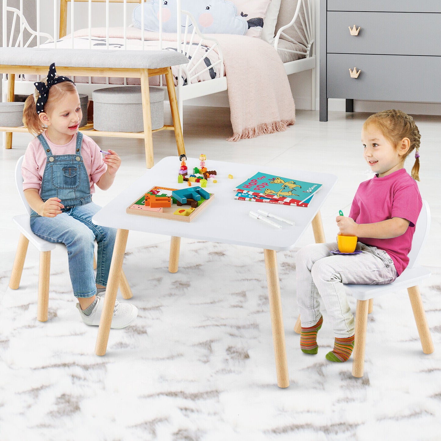 3 Pieces Kids Table and Chairs Set for Arts Crafts Snack Time-White Kids Crystal