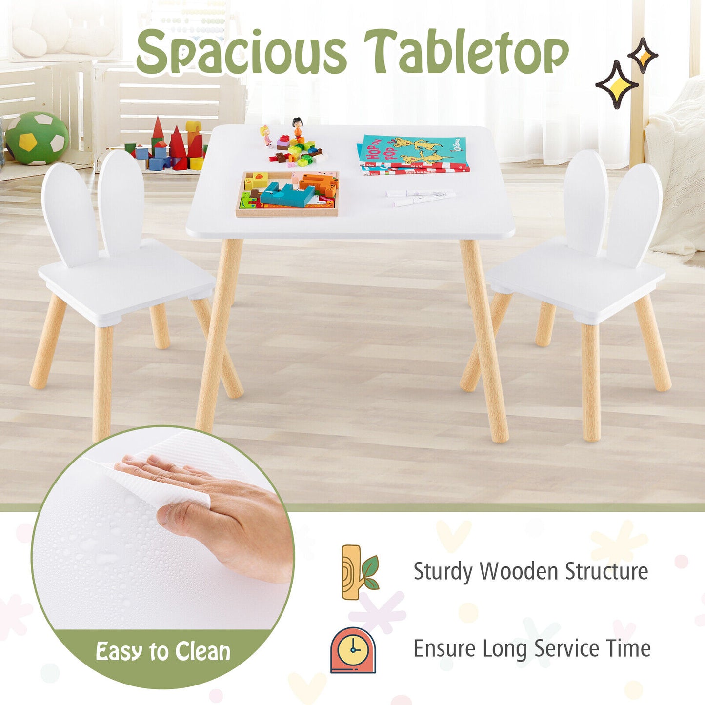 3 Pieces Kids Table and Chairs Set for Arts Crafts Snack Time-White Kids Crystal