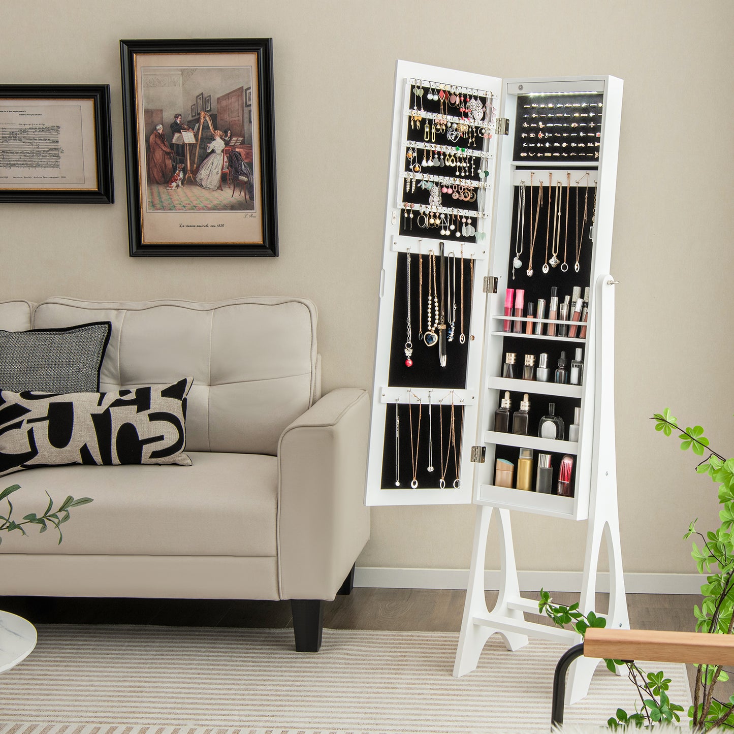 Freestanding Jewelry Cabinet Armoire Organizer with Bevel Edge Mirror-White Kids Crystal