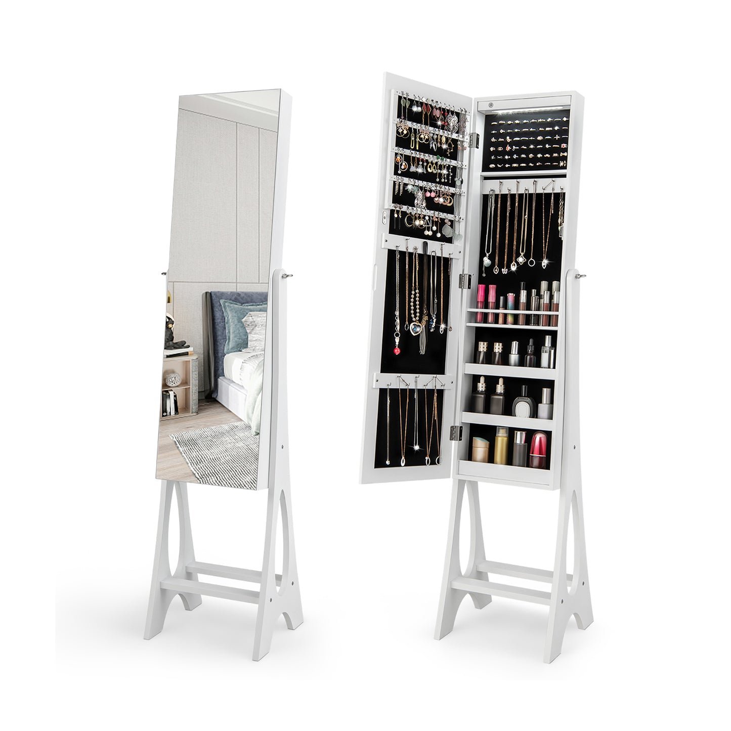 Freestanding Jewelry Cabinet Armoire Organizer with Bevel Edge Mirror-White Kids Crystal