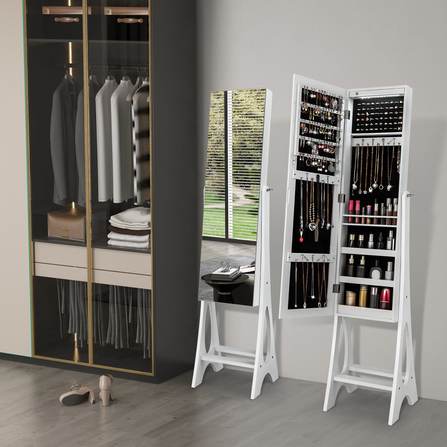 Freestanding Jewelry Cabinet Armoire Organizer with Bevel Edge Mirror-White Kids Crystal