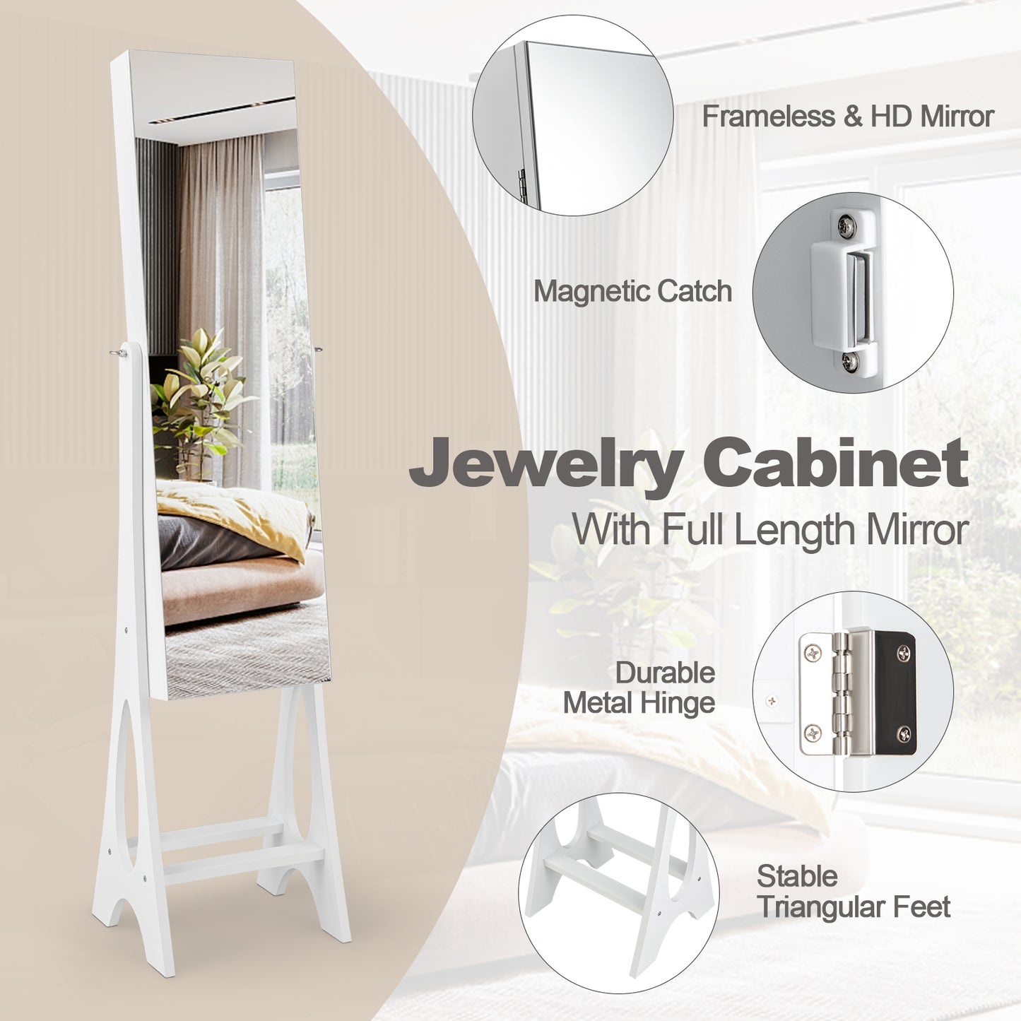 Freestanding Jewelry Cabinet Armoire Organizer with Bevel Edge Mirror-White Kids Crystal