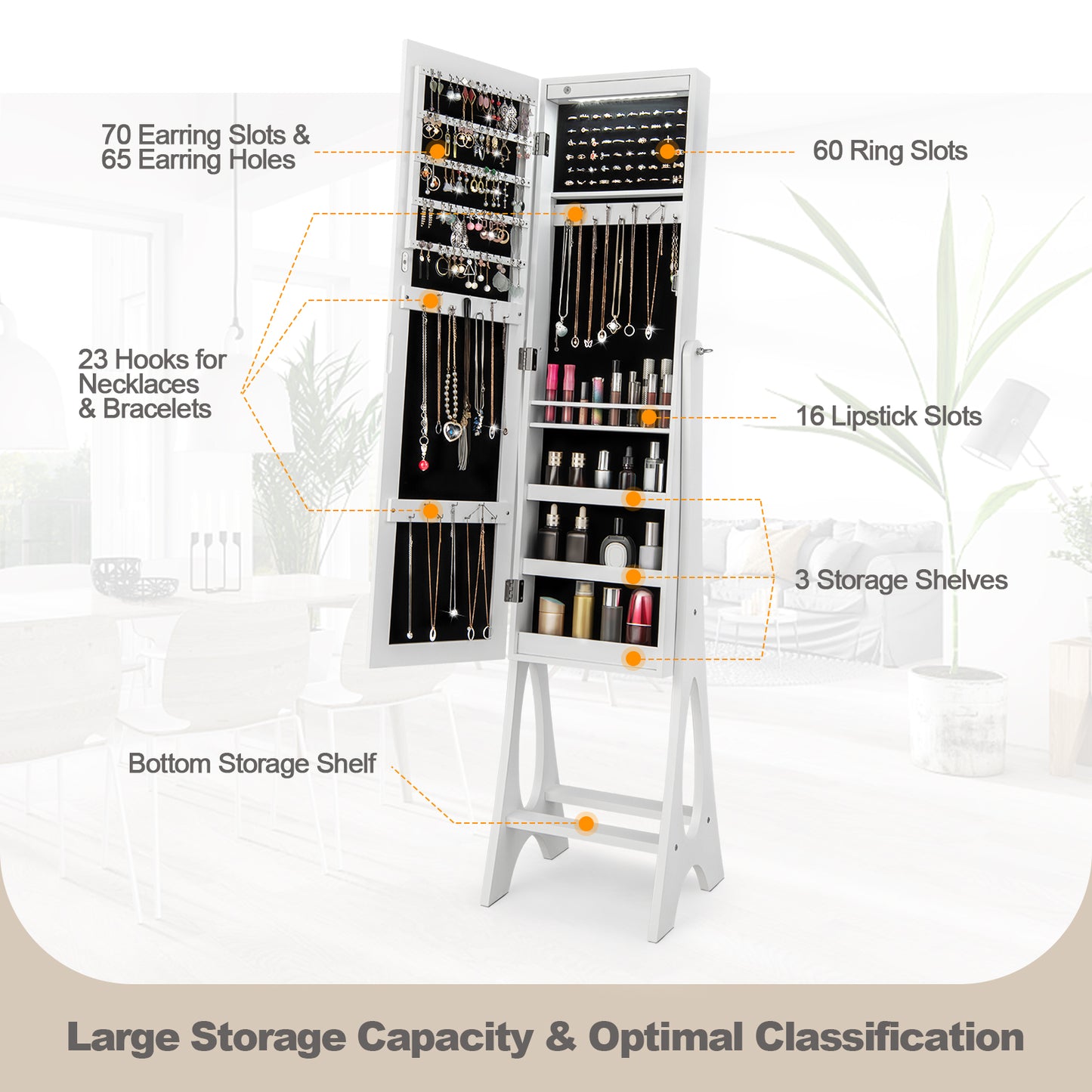 Freestanding Jewelry Cabinet Armoire Organizer with Bevel Edge Mirror-White Kids Crystal