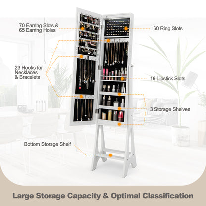 Freestanding Jewelry Cabinet Armoire Organizer with Bevel Edge Mirror-White