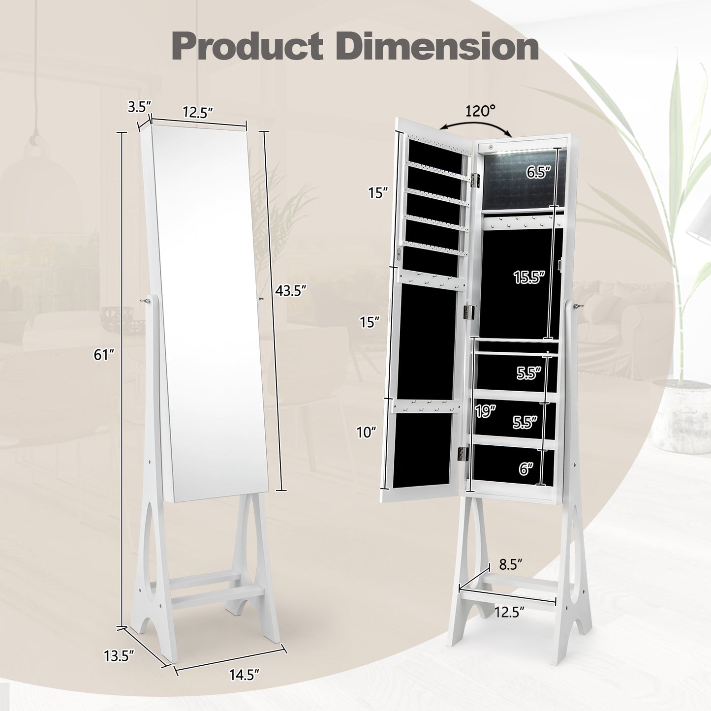 Freestanding Jewelry Cabinet Armoire Organizer with Bevel Edge Mirror-White Kids Crystal