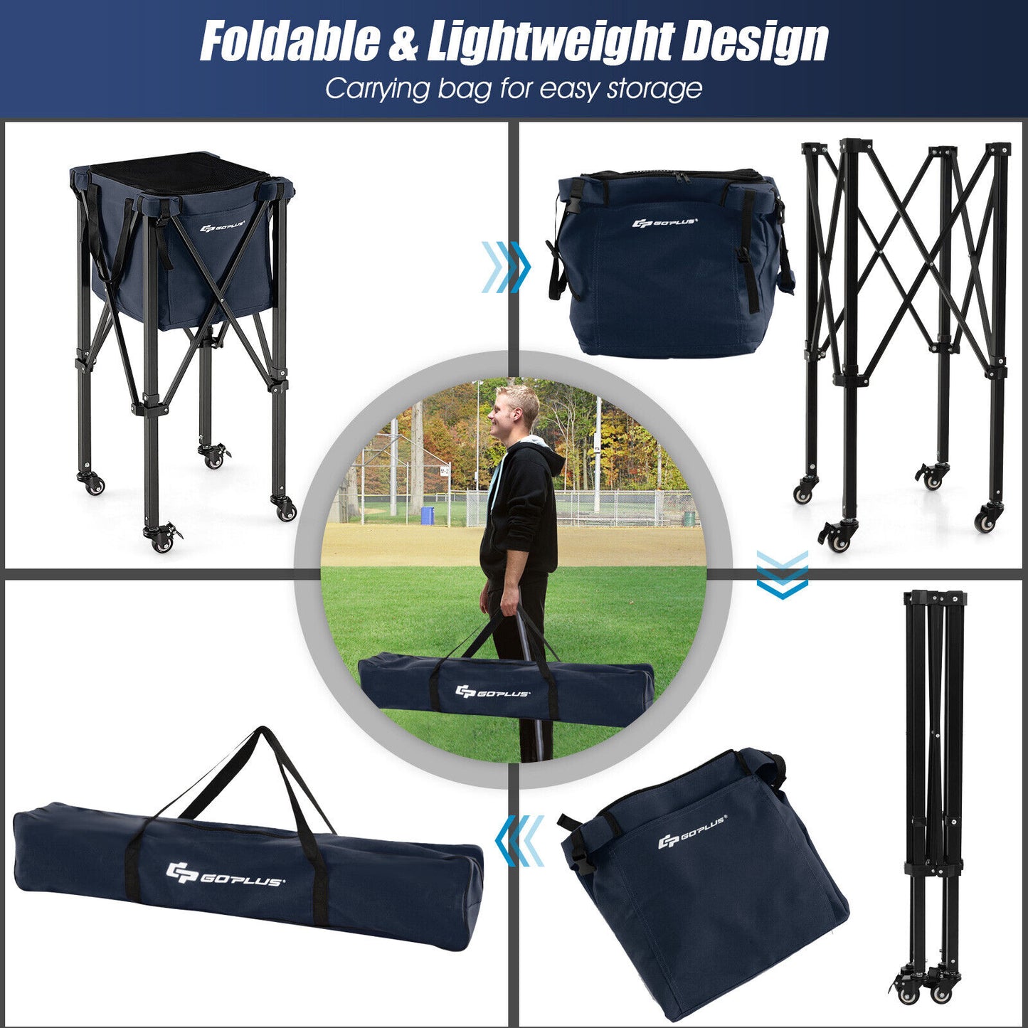 Lightweight Foldable Tennis Ball Teaching Cart with Wheels and Removable Bag-Blue