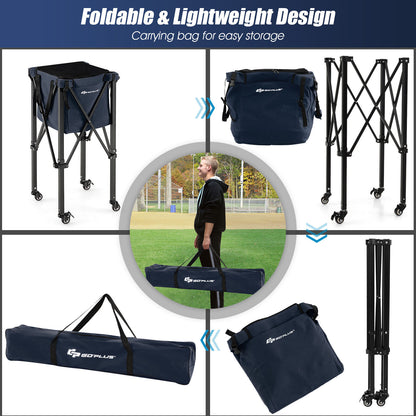 Lightweight Foldable Tennis Ball Teaching Cart with Wheels and Removable Bag-Blue