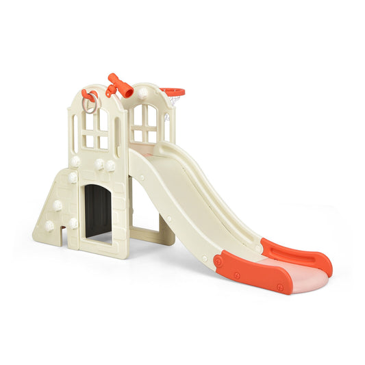 6-In-1 Large Slide for Kids Toddler Climber Slide Playset with Basketball Hoop-Pink Kids Crystal