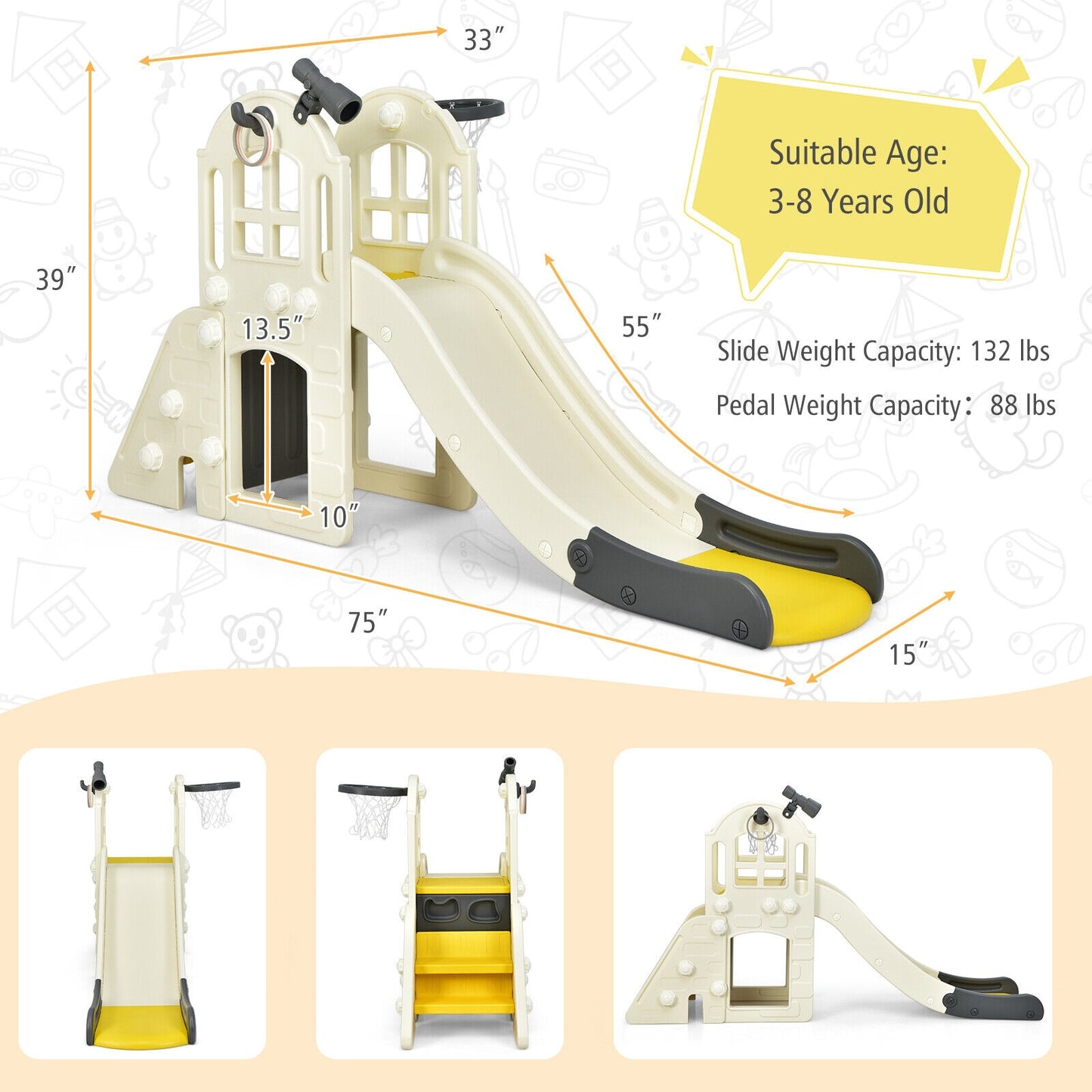 6-In-1 Large Slide for Kids Toddler Climber Slide Playset with Basketball Hoop-Yellow Kids Crystal