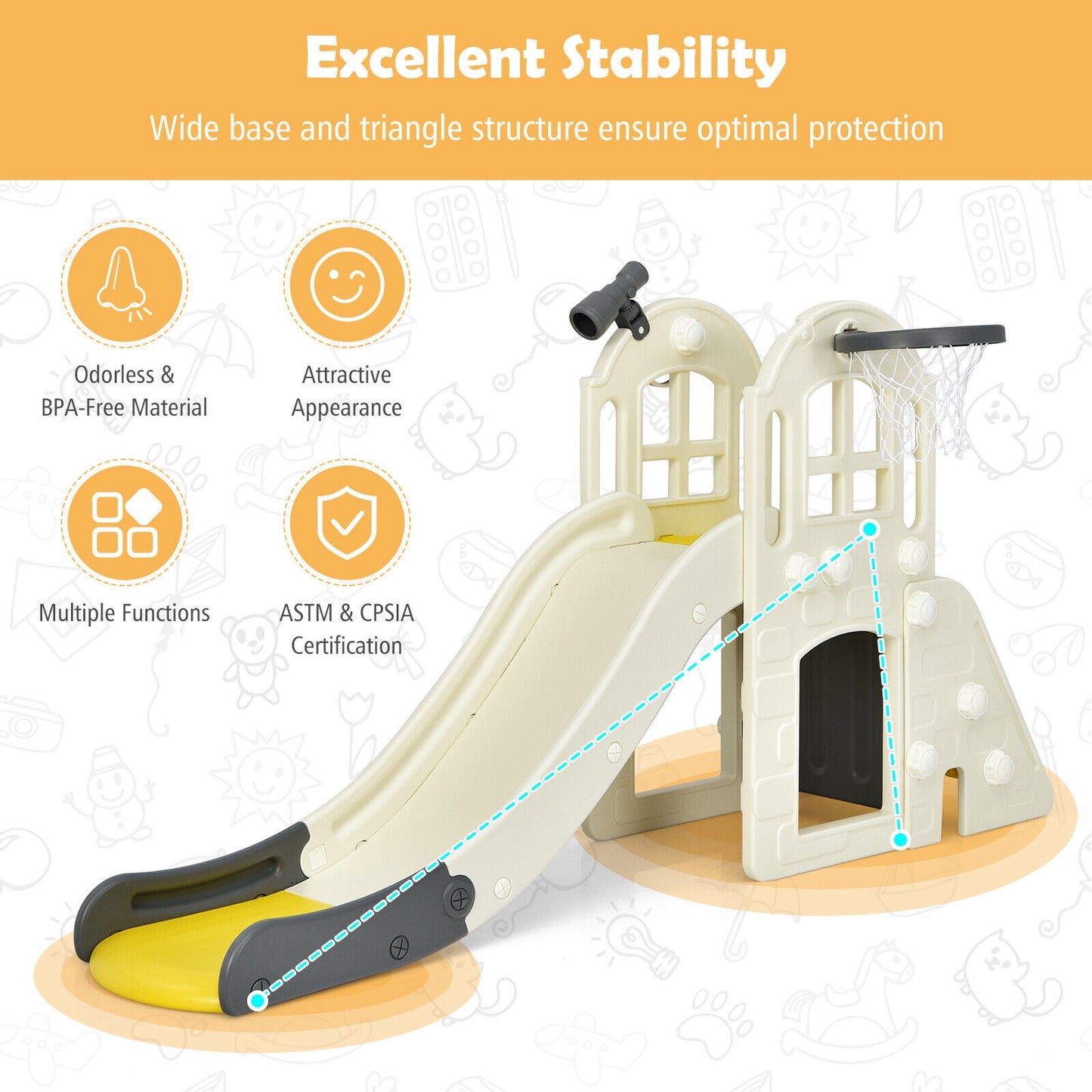 6-In-1 Large Slide for Kids Toddler Climber Slide Playset with Basketball Hoop-Yellow Kids Crystal