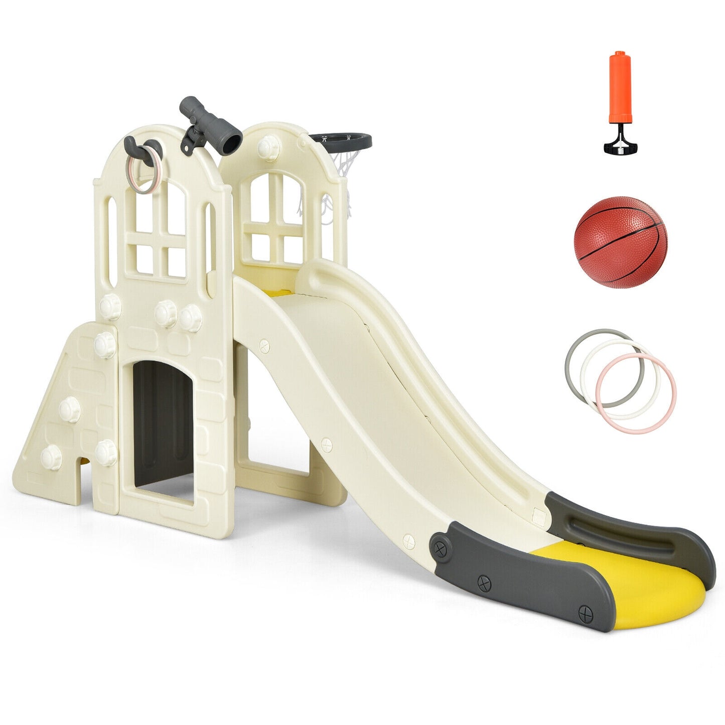 6-In-1 Large Slide for Kids Toddler Climber Slide Playset with Basketball Hoop-Yellow Kids Crystal