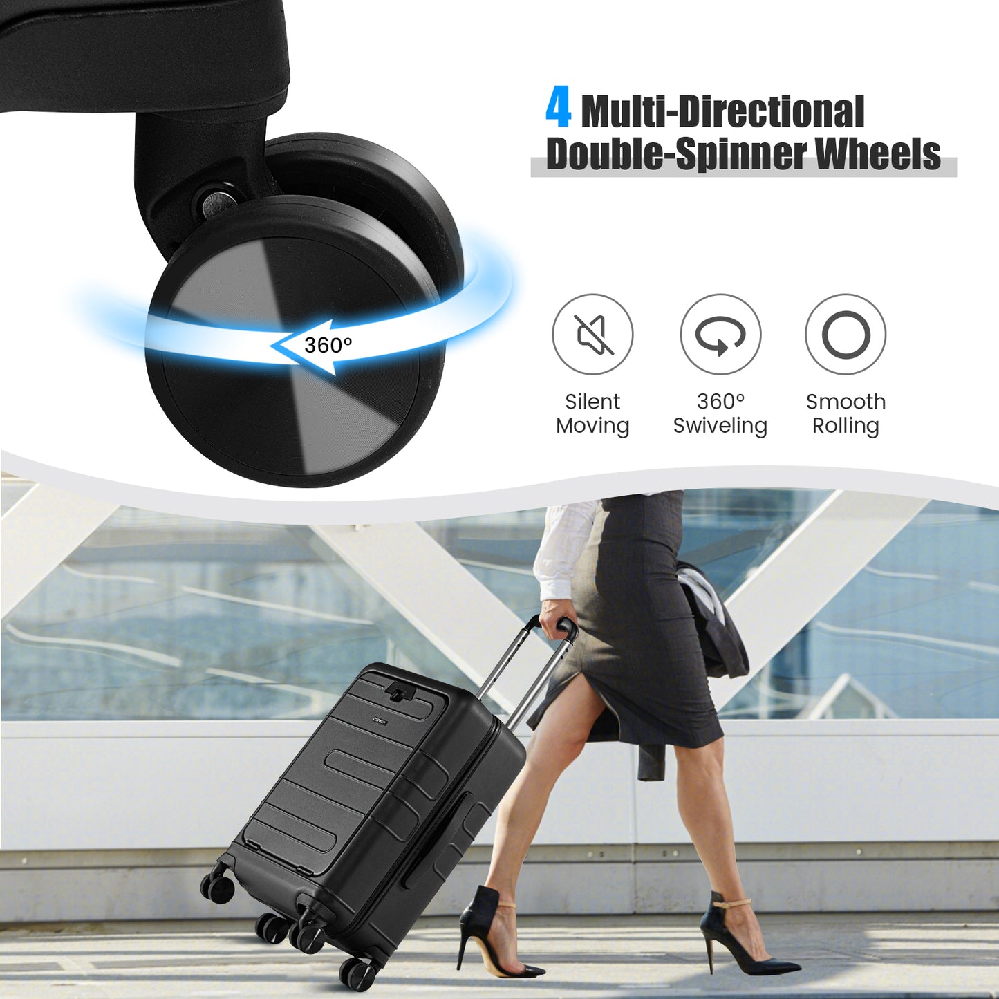 20 Inch Carry-on Luggage PC Hardside Suitcase TSA Lock with Front Pocket and USB Port-Black Kids Crystal