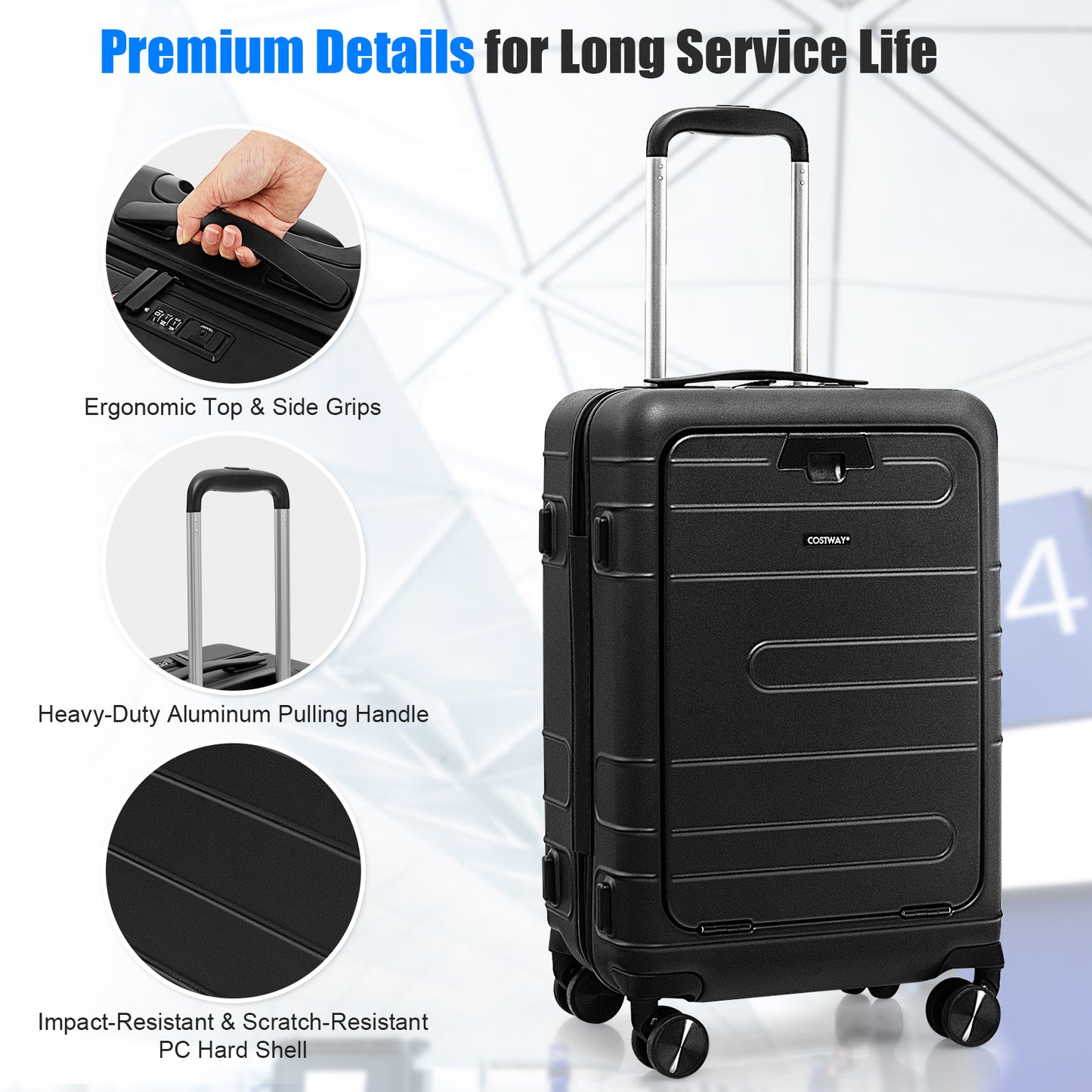 20 Inch Carry-on Luggage PC Hardside Suitcase TSA Lock with Front Pocket and USB Port-Black Kids Crystal