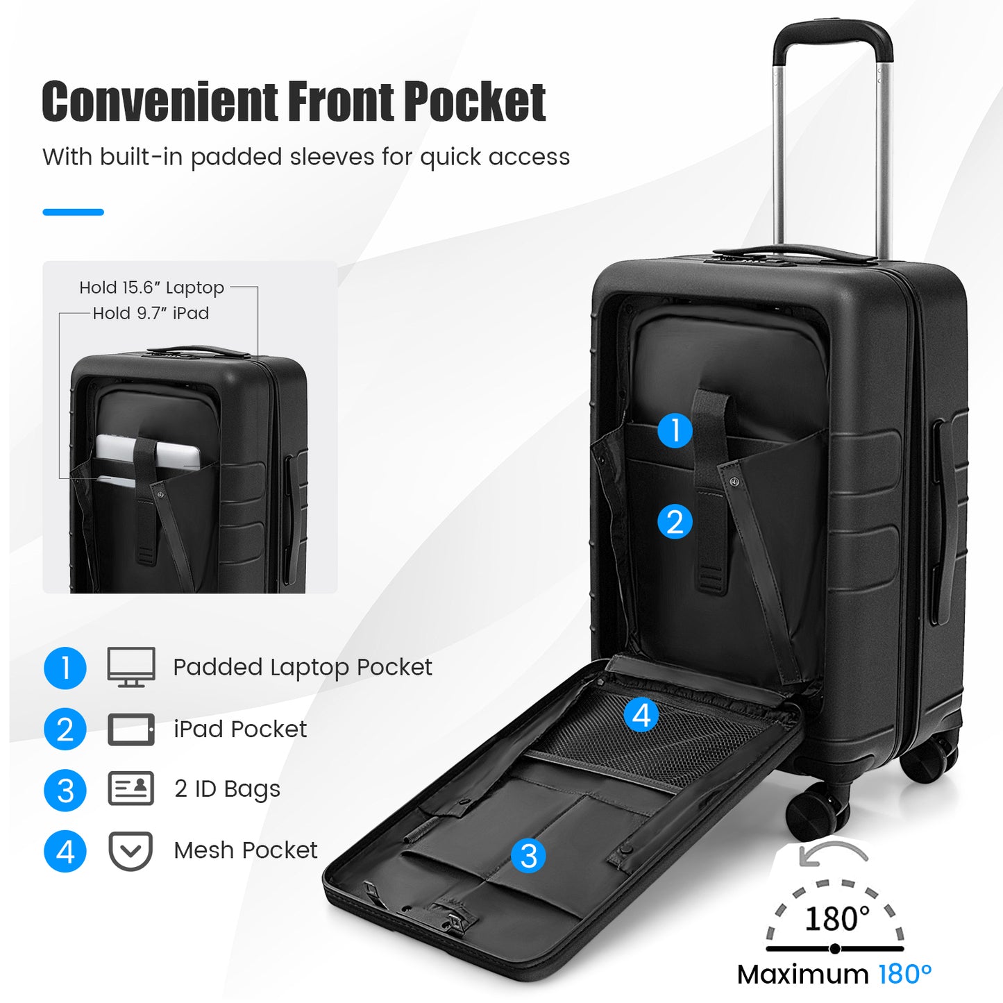 20 Inch Carry-on Luggage PC Hardside Suitcase TSA Lock with Front Pocket and USB Port-Black Kids Crystal
