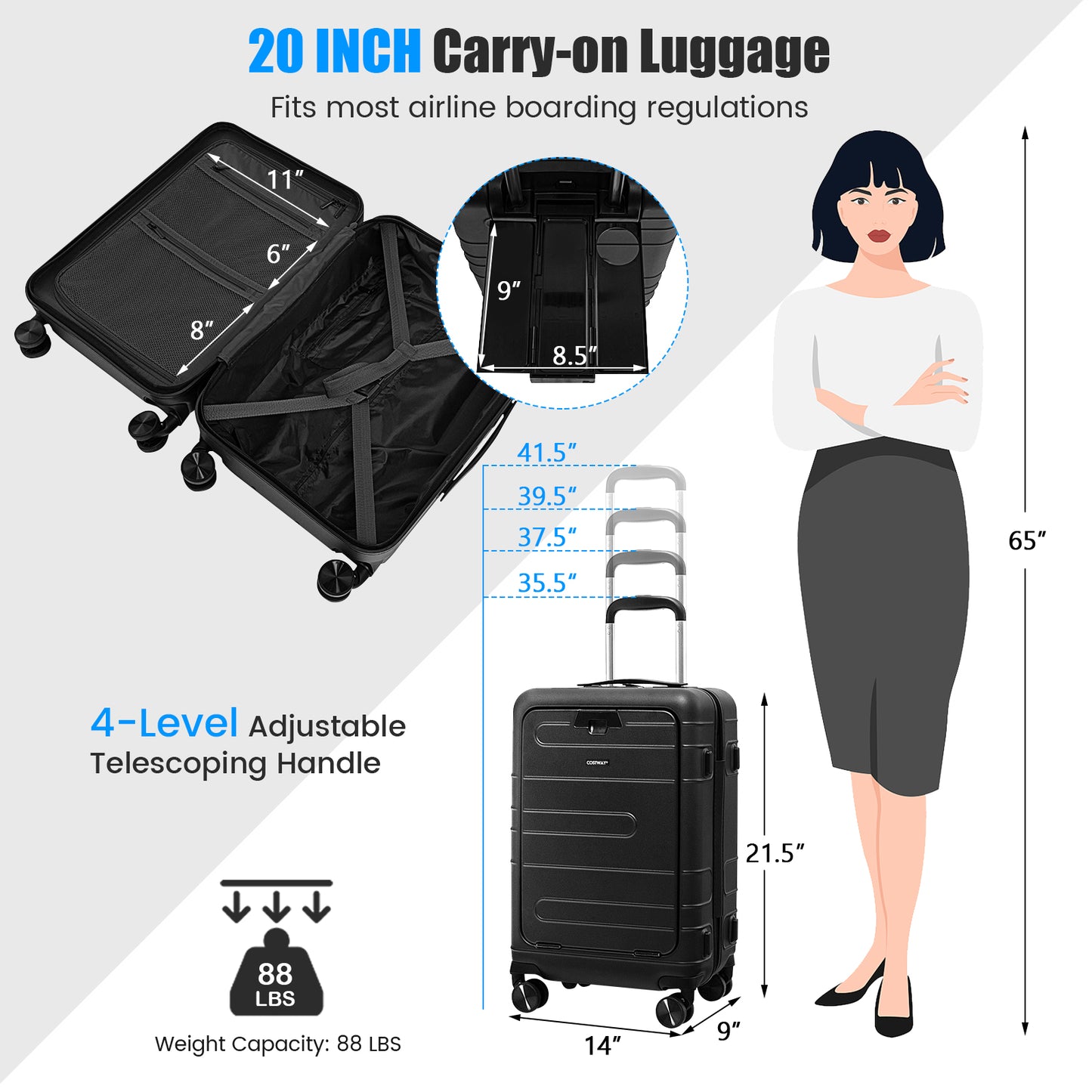 20 Inch Carry-on Luggage PC Hardside Suitcase TSA Lock with Front Pocket and USB Port-Black Kids Crystal
