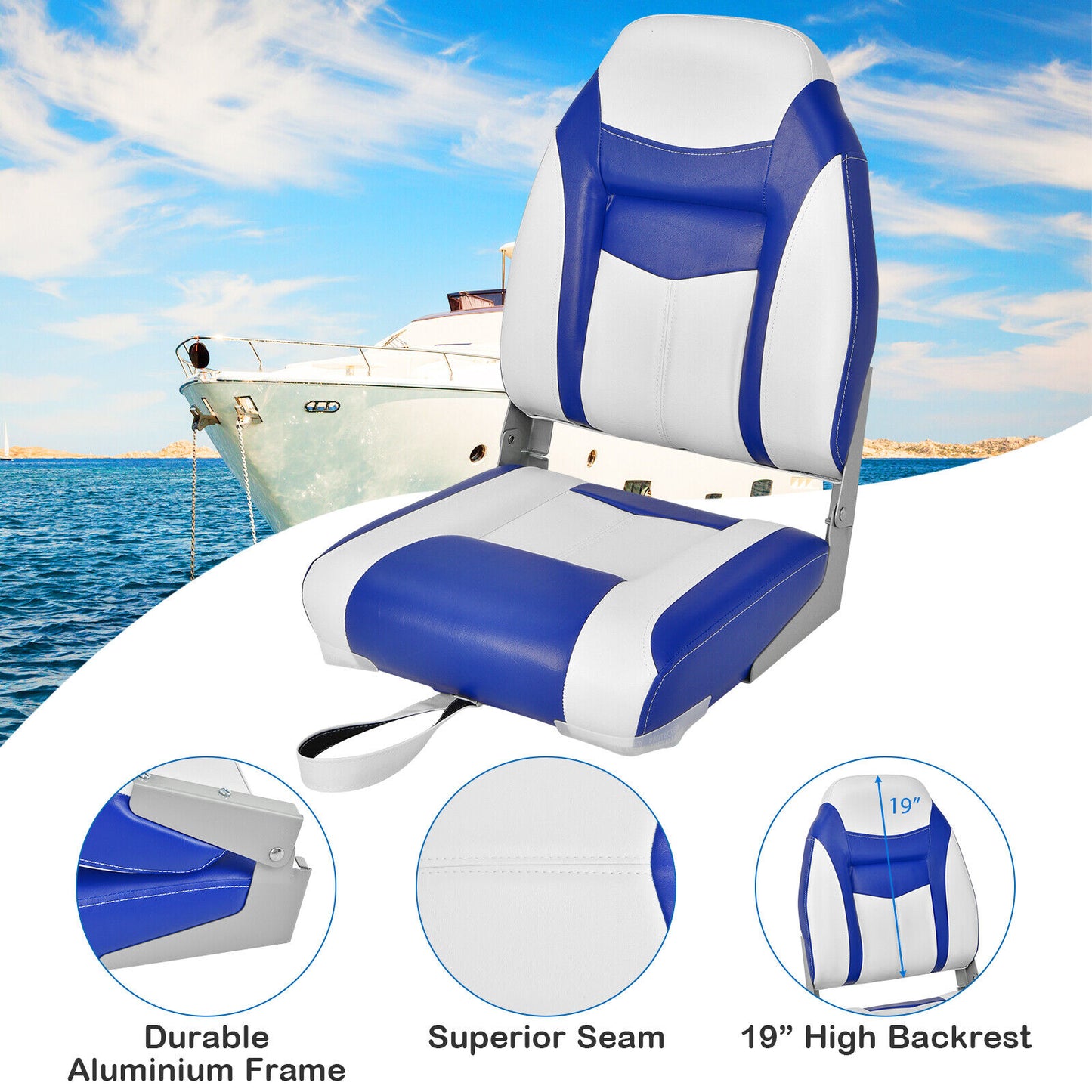 2 Pieces High Back Folding Boat Seat Set with Sponge Cushion-Blue Kids Crystal
