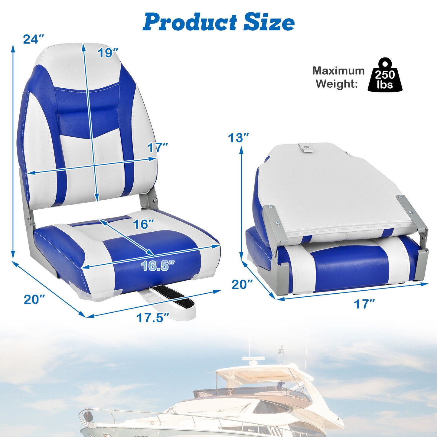 2 Pieces High Back Folding Boat Seat Set with Sponge Cushion-Blue Kids Crystal