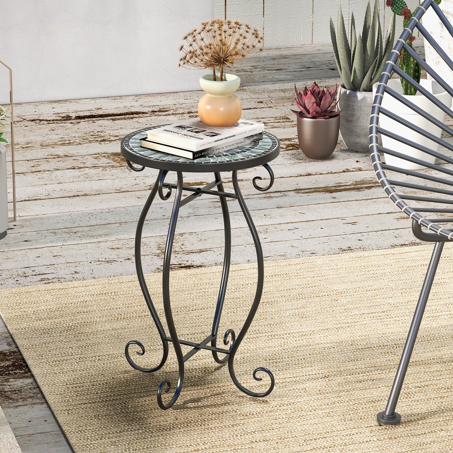 Small Plant Stand with Weather Resistant Ceramic Tile Tabletop-Black & Smoke Blue Kids Crystal
