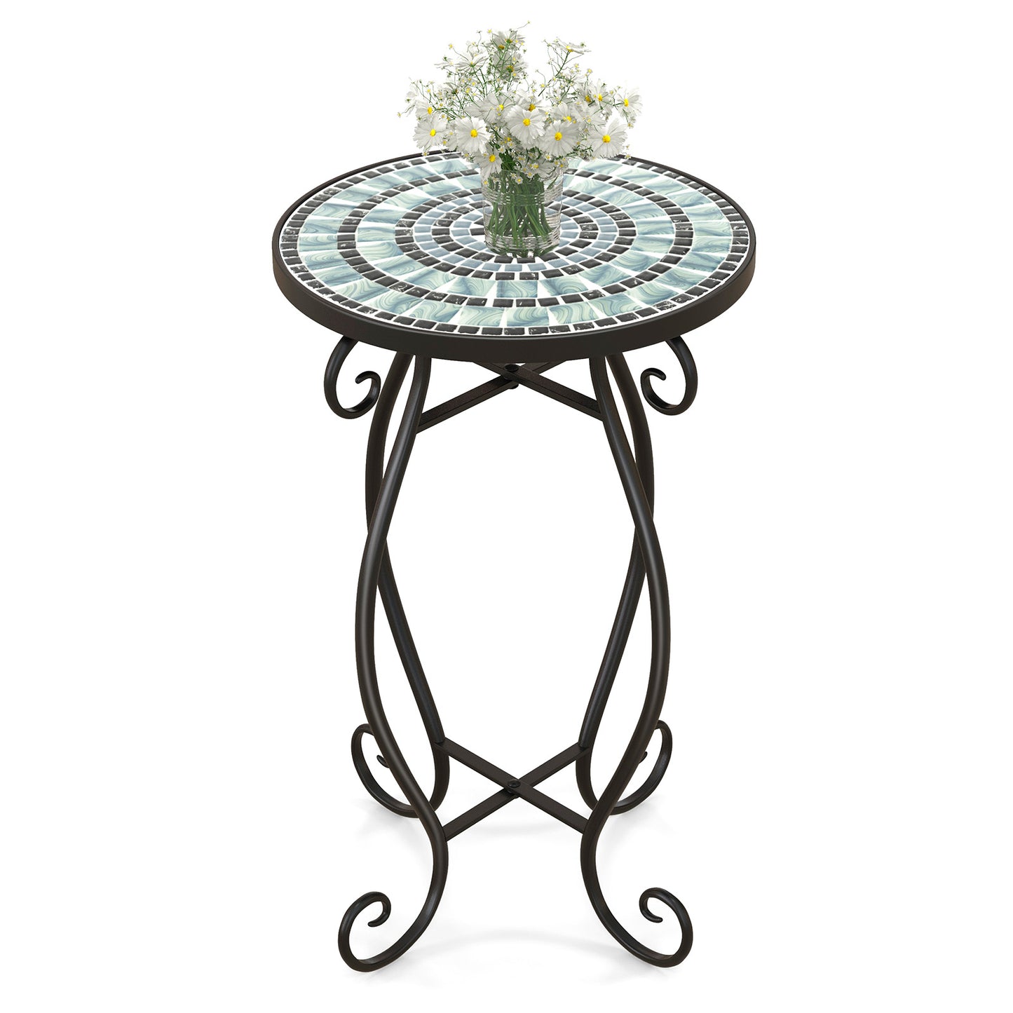 Small Plant Stand with Weather Resistant Ceramic Tile Tabletop-Black & Smoke Blue Kids Crystal