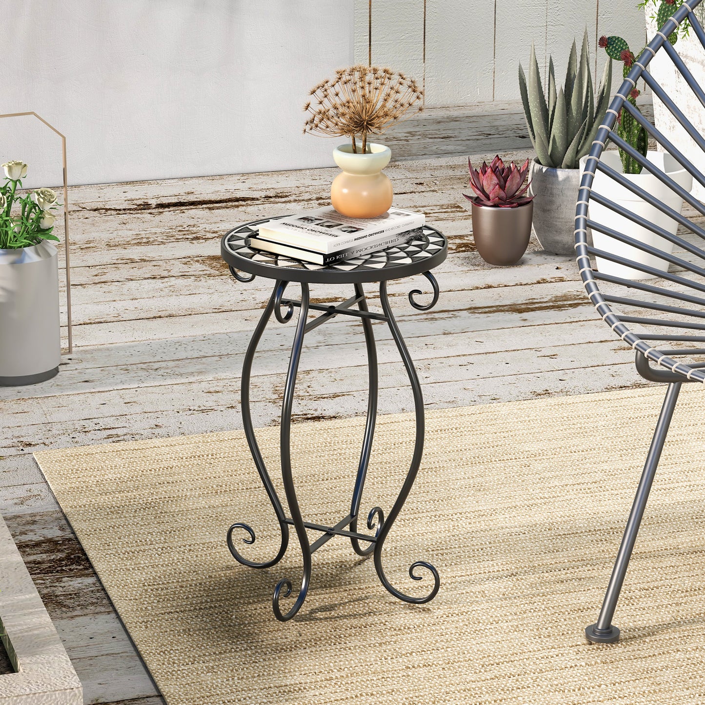 Small Plant Stand with Weather Resistant Ceramic Tile Tabletop-Black & White Kids Crystal
